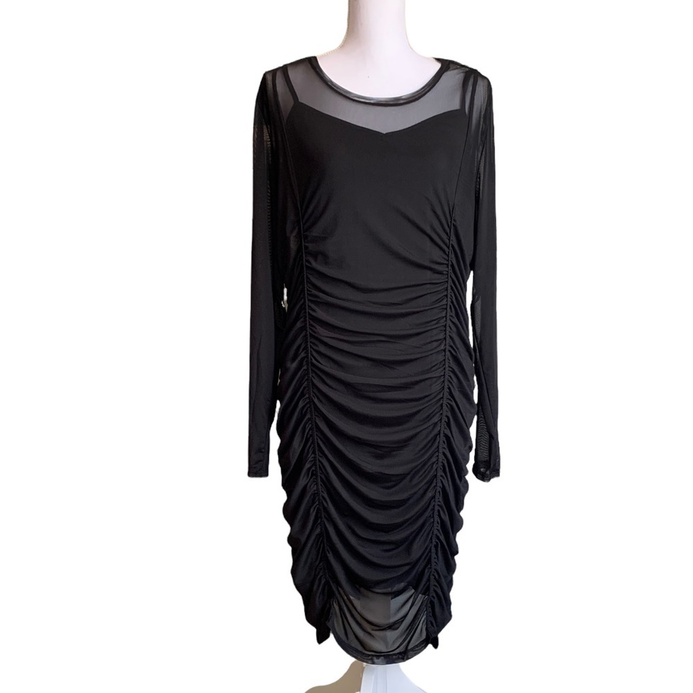 AND NOW THIS BLACK RUCHED STRETCH LONG SLEEVE DRESS SIZE XL